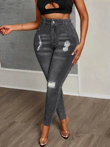 SHEIN CURVE+ 大尺碼休閒口袋鈕扣磨損設計修身長褲 日常穿著 2026 秋冬 22W - 灰色 - 查看 4