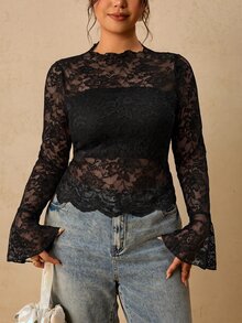 Travachic Plus Size Women Lace Sexy Sheer Long Sleeve Top Fall - Black - View 1