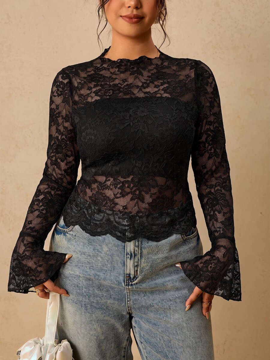 Travachic Plus Size Women Lace Sexy Sheer Long Sleeve Top Fall - Black - View 1
