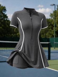 CourtClass 1 Set Grey Seamed Women's Sports Dress, Stand Collar, Zipper, Soft Comfortable Fit, Suitable For Workout, Running, Casual, Yoga - Grey - View 6