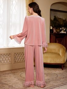 PalaceNights Pyjamasset i kraftig flerskiktig sammet med spetskant, patchwork, lång ärm och långa byxor - Rosa - Visa 2