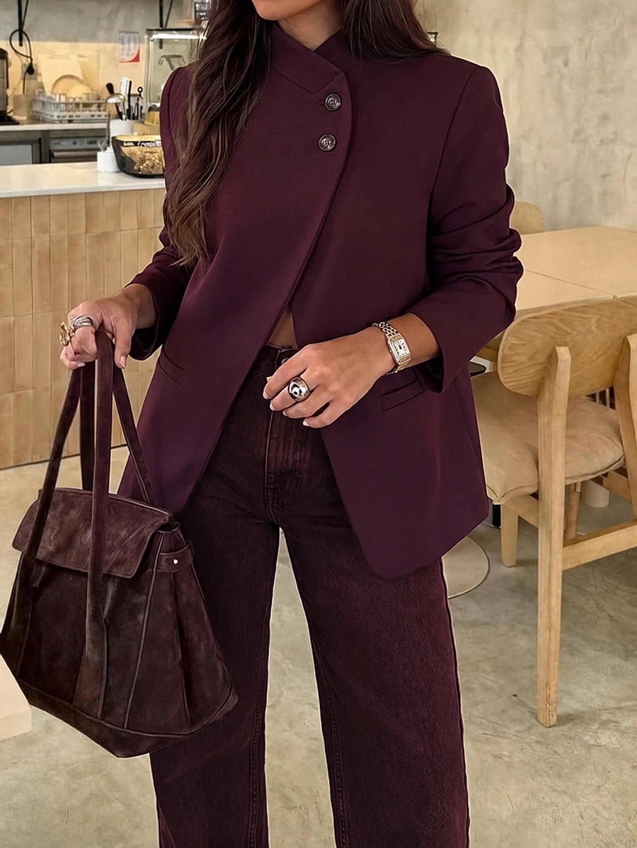 Lavishia Women's Elegant Asymmetric Burgundy Red New Style Summer/ Commuter Fashion High Neck Button Decor Blazer,Casual Blazer Outfits Office Business