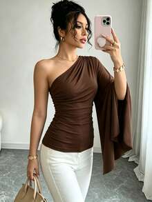 Elenzga Women's Elegant Commute Solid Color One Shoulder Bell Sleeve Top - Brown - View 3