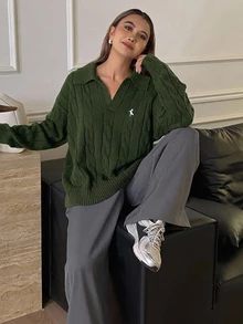 DAZY 女款V領刺繡麻花針織毛衣，寬鬆版型設計，秋冬上衣 - 綠色 - 查看 5