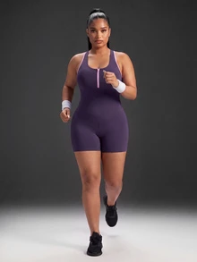 Powerista Women's Plus Size Zipper Half-Placket Striped Colorblock Sports Romper - Purple - View 6