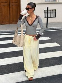 Muchica Women's Striped Colorblock Embroidered Drawstring Waist Sweatpants Comfortable Yellow Striped Casual Pants With Added Velvet, Autumn And Winter - Light Yellow - View 6