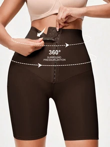 SHEIN 女款素色休閒日常塑形短褲 - 棕色 - 查看 1