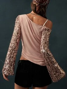 Bohemela Atasan Fashion Wanita Warna Polos Lengan Panjang Bahu Asimetris dengan Payet - Dusty Pink - View 7