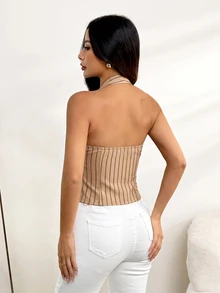 SHEIN PETITE 女款棉質條紋立領單排扣背心薄款西裝外套 秋冬款 - 摩卡棕 - 查看 3
