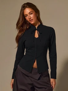 Athîral Ladies' Casual New Chinese Oriental Elements Solid Color Stand Up Collar Long Sleeved Fitted Top With Tie Front Keyhole, Suitable For Autumn Street - Black - View 1