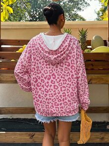 Veykashi 大尺碼女款粉色豹紋連帽長袖運動衫，休閒度假風，適合秋冬，街頭穿搭、機場造型，時尚 Y2K - 彩色 - 查看 2