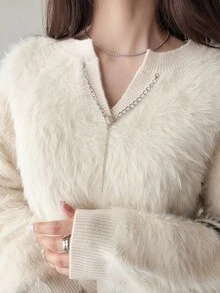 FRIFUL Women's Autumn/Winter Casual Solid Color Chain Decor Sweater - Apricot - View 3