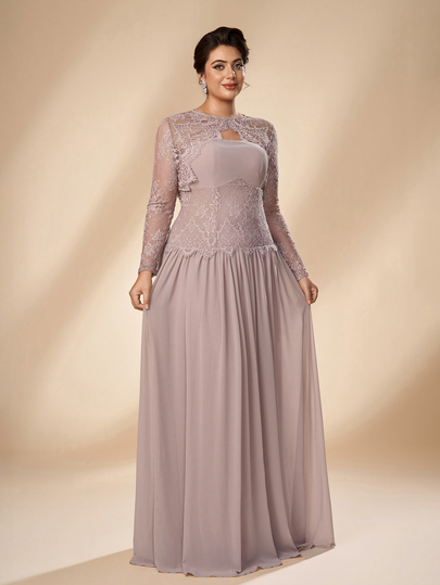 Serin Plus Size Elegant Romantic Champagne Lace Long Sleeve 2 Pieces Set French Lace Patchwork Chiffon Ruched Extra Large A-Line Skirt Suitable For Wedding Events Parties Celebrations All Formal Occasions Bride Mother Dress