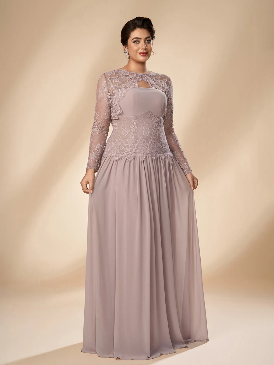 Serin Plus Size Elegant Romantic Champagne Lace Long Sleeve 2 Pieces Set French Lace Patchwork Chiffon Ruched Extra Large A-Line Skirt Suitable For Wedding Events Parties Celebrations All Formal Occasions Bride Mother Dress - Dusty Pink - View 1