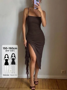 SHEIN PETITE 2026女款春夏優雅復古黑色百褶荷葉邊不對稱下擺洋裝 - 咖啡棕 - 查看 3