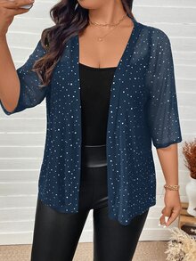 SHEIN LUNE 大尺碼女款短袖開襟時尚薄款網紗外套 - 藏蓝色 - 查看 6