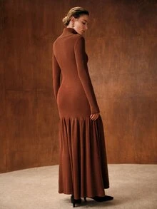 MOTF PREMIUM WOMEN'S SOLID COLOR PLEATED CASUAL DAILY KNIT DRESS - Rust Brown - View 4