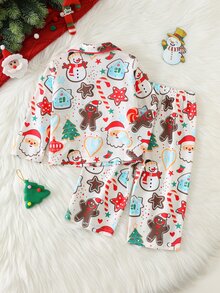 SHEIN 中性嬰兒男/女童 幼兒 2件組可愛聖誕睡衣居家服套裝 冬季聖誕睡衣套裝 - 杏色 - 查看 2