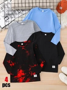 SHEIN 青少年男孩休閒百搭丹寧圓領長袖T恤4件組 - 彩色 - 查看 1
