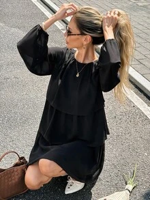 Serisse Women's Solid Color Round Neck Lantern Sleeve Patchwork Ruffle Hem Elegant Dress - Black - View 5