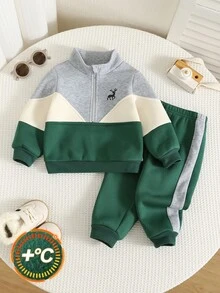 SHEIN 2件組 嬰兒男孩/女孩字母圖案針織軟綿對比色圓領長袖套頭衛衣＋彈性腰長褲 秋冬兩件套 - 彩色 - 查看 1
