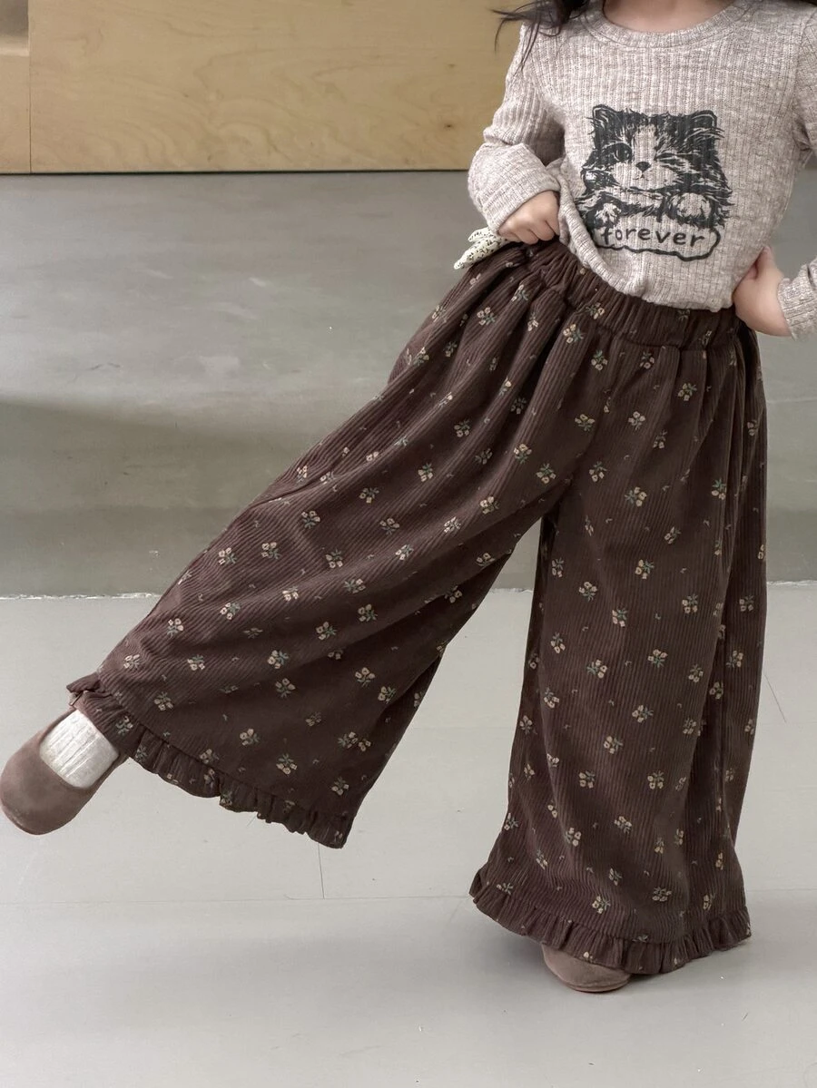 DAZY Girls' (Ditsy Ditsy Floral Wide Leg Casual Pants With Frill Trim, Cute And Stylish Fall - Brown - View 1