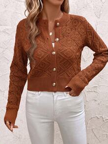 SHEIN Clasi Women's Vintage Vacation Short Hollow Knit Cardigan - Orange - View 5