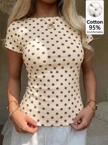 CovetEZ 休閒極簡風 95% 棉性感露肩淺杏色底棕色波點短袖 T 恤，顯白顯膚色，適合春夏，春夏穿搭，夏季上衣，適合日常通勤、約會、派對、秋冬春夏、聖誕節、新年、感恩節、派對、婚禮、海灘、畢業典禮、時尚 - 彩色 - 查看 1