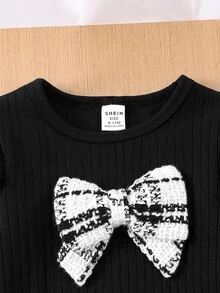 SHEIN Baby Girl Bow Decor T-Shirt And Tweed Skirt Set - Black - View 3