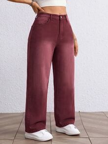 Jeanoix Y2K Plus Size Women Non-Stretch Denim Jeans, Ancara Red Washed Design Casual Fashion Straight Leg Denim Pants, Cowboy For Women - Red - View 4