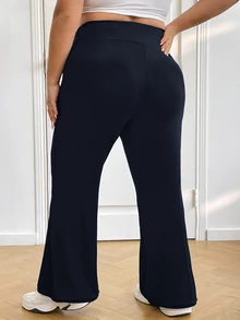 SHEIN CURVE+ 大尺碼女款高腰彈性休閒喇叭長褲，春秋涼爽喇叭長褲 - 藍色 - 查看 2