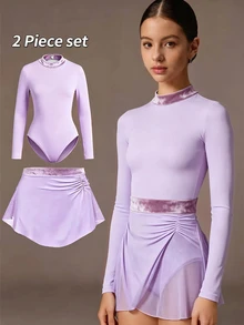 Teen Girl Solid Color Long Sleeve Jumpsuit Skirt Sports Lyrical Elegant Set, Suitable For Dance Party Prom, Training And Performance Purple Fall - Mauve Purple - View 1
