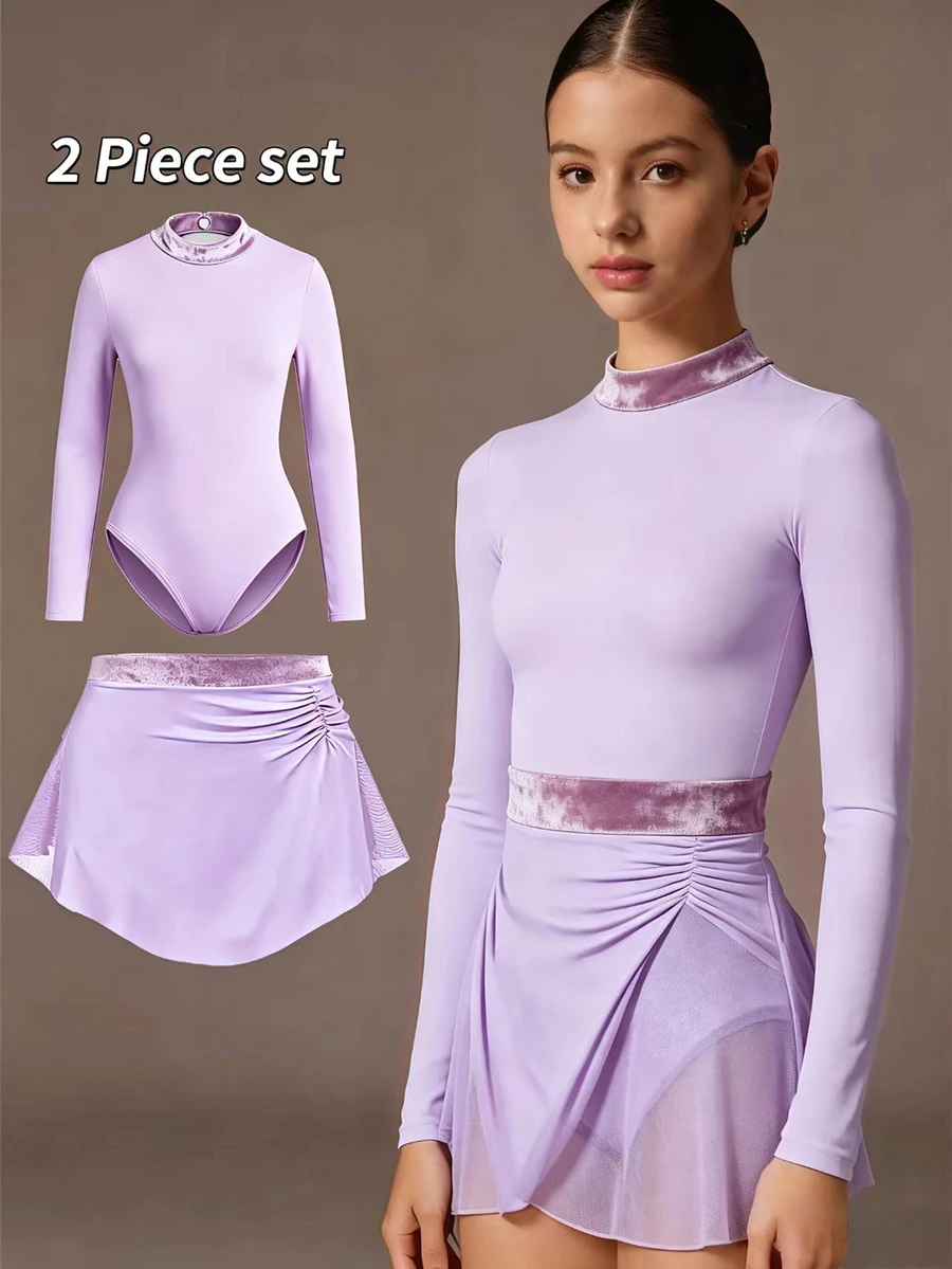 Teen Girl Solid Color Long Sleeve Jumpsuit Skirt Sports Lyrical Elegant Set, Suitable For Dance Party Prom, Training And Performance Purple Fall - Mauve Purple - View 1