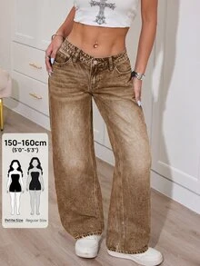 SHEIN PETITE 女款休閒水洗低腰牛仔褲，秋冬新年造型 - 棕色 - 查看 1