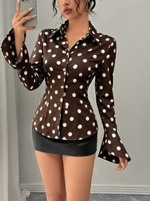 Rafferiza 休閒優雅日常百搭收腰喇叭袖白色條紋女款秋冬襯衫 - 棕色 - 查看 3