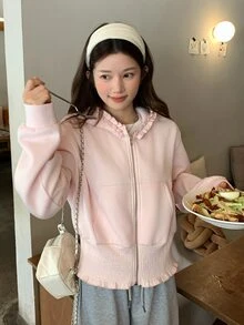 DAZY Pink Ruffle Trim Hooded Zipper Waist-Cinching Ruched Hem Long Sleeve Cropped Casual Cute Sweatshirt Jacket Fall - Pink - View 6