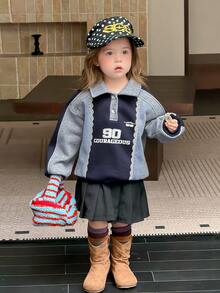 DAZY Infant/Toddler (Girl) Contrast Color Patchwork Casual Autumn/Winter Korean Style Long Sleeve Sweatshirt - Grey - View 8