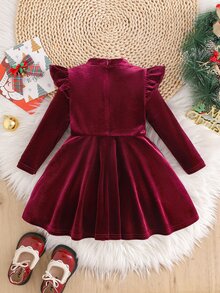 Baby Girl Baby Girl Casual Holiday Christmas Red Comfortable Velvet Long Sleeve Bow Ruffle Cute Autumn Winter Dress - Red - View 3