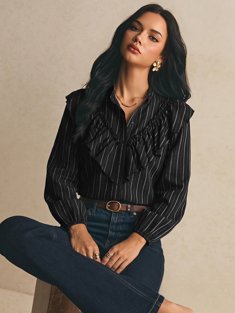 Poéselle 女款條紋長袖單排扣拼接荷葉邊襯衫 - 黑色 - 查看 1