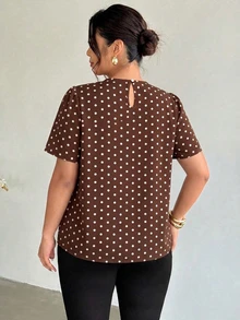 Firerie Áo sơ mi tay ngắn size lớn vải họa tiết chấm bi phong cách retro thường ngày - màu nâu - Xem 2