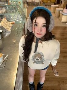 DAZY Women's Round Neck Cartoon Dog Headscarf Korean Style Spring Summer Short Sleeve T-Shirt Fall - Grey - View 6