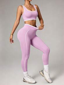 SHEIN Rhythm Era طقم رياضي كاجوال يومي للنساء يتكون من توب وسروال ضيق بألوان متباينة - ارجواني فاتح - مشاهدة 5