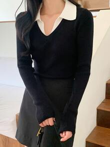 DAZY Women's Korean Style Colorblock Long Sleeve Sweater For Daily Wear - Black - View 3