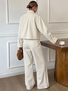 DAZY Autumn White Collared Button Pocket Decor Short Denim Jacket With Wide Leg Denim Pants Set - White - View 2