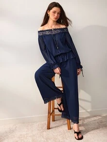 Willow Rêve Women's Navy Blue Wide Leg Jumpsuit, Floral Lace Trim Craftsmanship, Cold Shoulder, Front Button, Ruffle & Cinched Waist Design, Summer Western Romantic Style, Suitable For Party Wear - Blue - View 7
