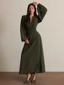 COSMINA Women's Solid Color Pleated Casual Party Dress - Dark Green - View 3
