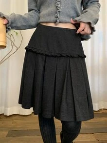 DAZY Black High Waist Ruffle Decor Pleated Puff Skirt Sweet Academic Style Women's Skirt Fall - Grey - View 3