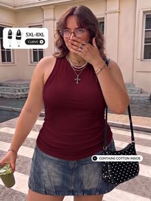 SHEIN CURVE+ 女款大尺碼休閒基礎修身白色圓領露肩背心，舒適面料適合夏季 - 紫紅色 - 查看 8