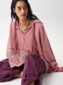 Bohemela Women's Burnout Embroidery Casual Daily Wear Hooded Sweatshirt - Dusty Pink - View 7