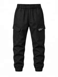 1pc Boys Black Woven Cargo Pants With Small Letter Print Accents, Suitable For Autumn/Winter Outdoor Activities - Black - View 1